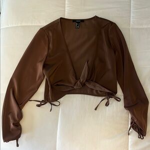 Forever 21 Brown Crop Tie-Front Blouse